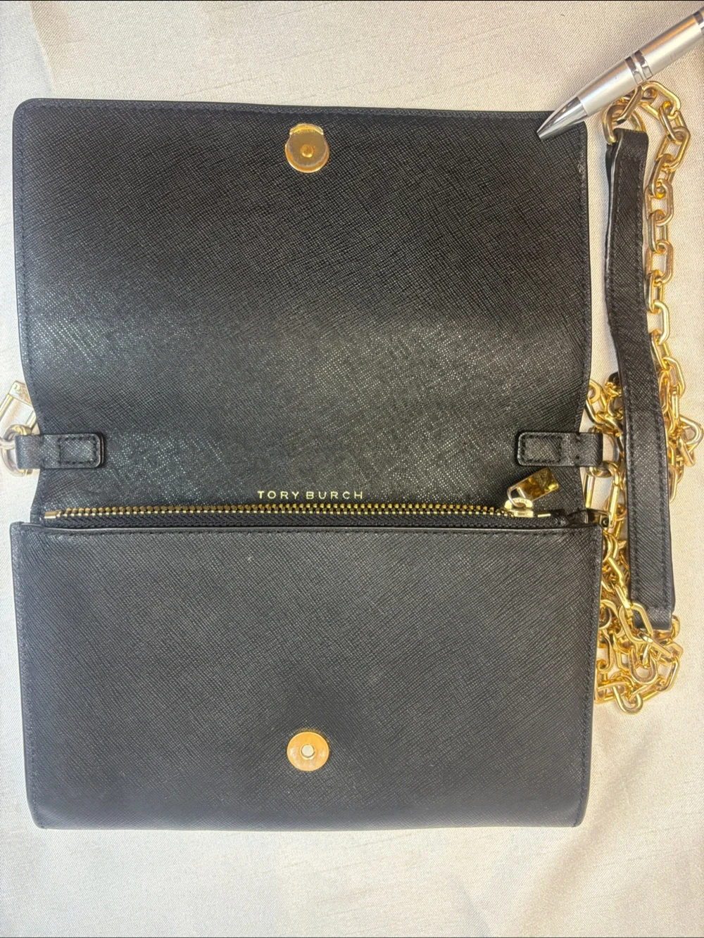 Tory Burch Black Saffiano Leather Crossbody with Gold Chain Strap